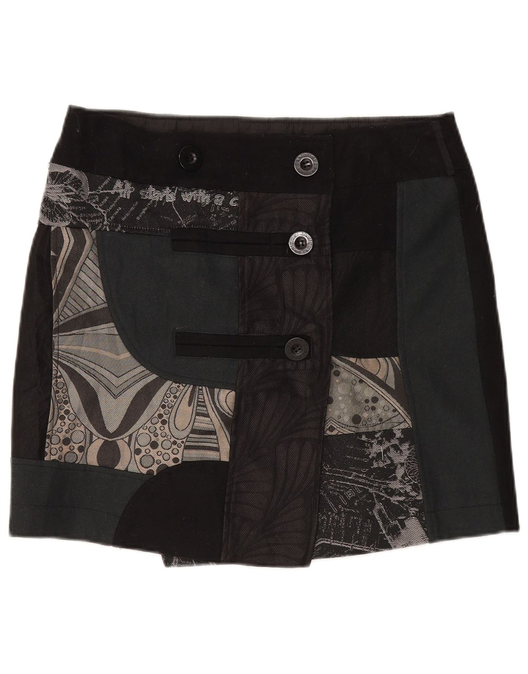 Desigual Dame Mini Wrap Nederdel EU 44 XL W35 Sort Patchwork Uld