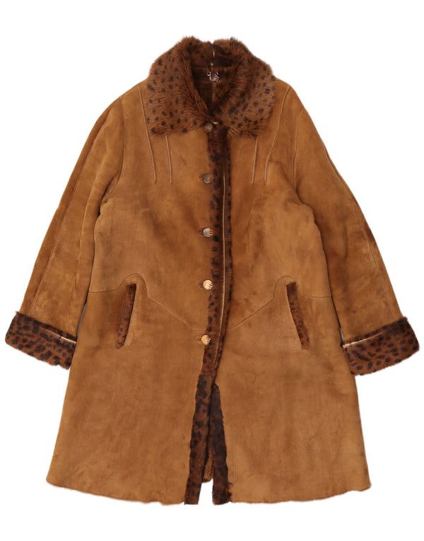 Vintage Kvinders Oversized Shearling Coat UK 14 Medium Brown Animal Print