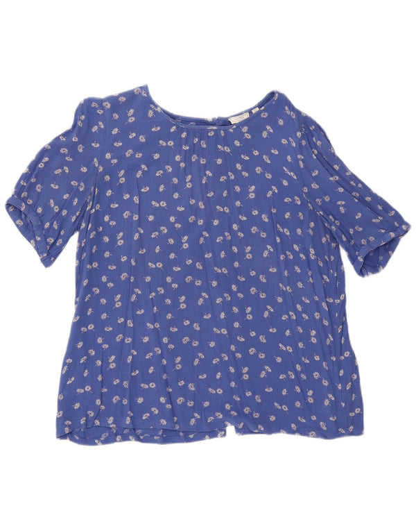 Fat Face Dame Kortærmet Skjorte Bluse UK 14 Large Blue Floral Viscose