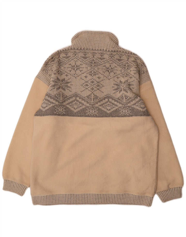 Vintage Herre lynlås hals Fleece Jumper Large Beige Fair Isle Polyester