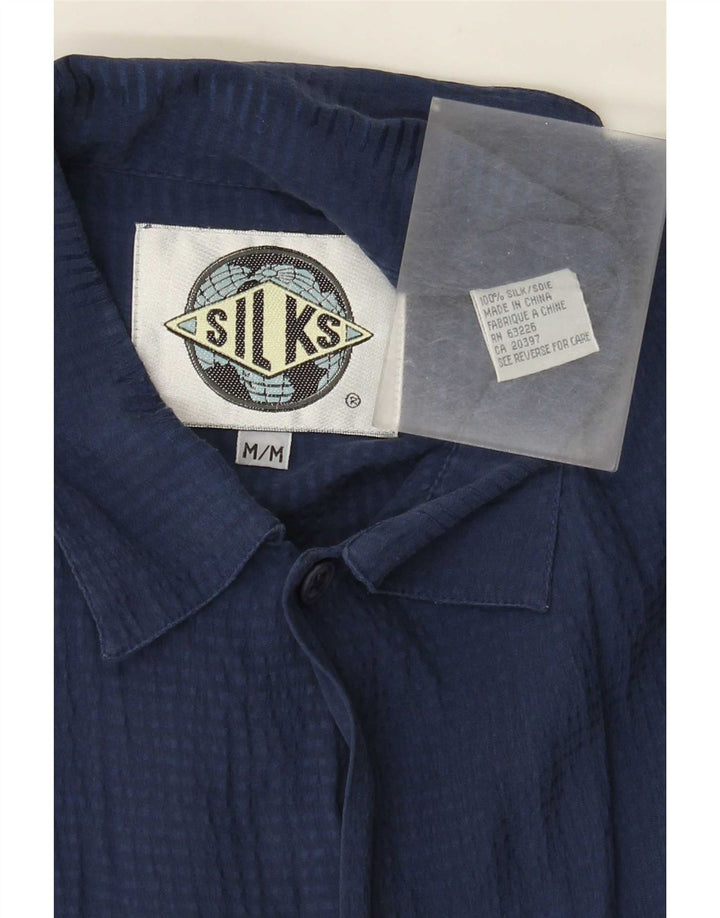 Vintage kortærmet herreskjorte medium marineblå silke