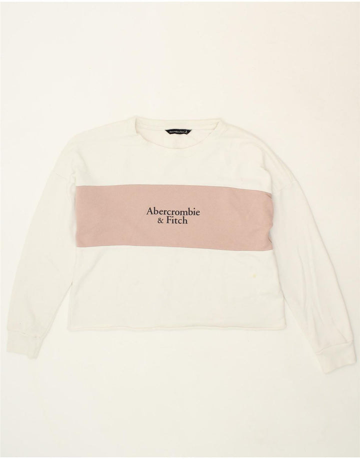 ABERCROMBIE & FITCH Womens Crop Sweatshirt Jumper UK 14 Medium White Vintage Abercrombie & Fitch and Second-Hand Abercrombie & Fitch from Messina Hembry 