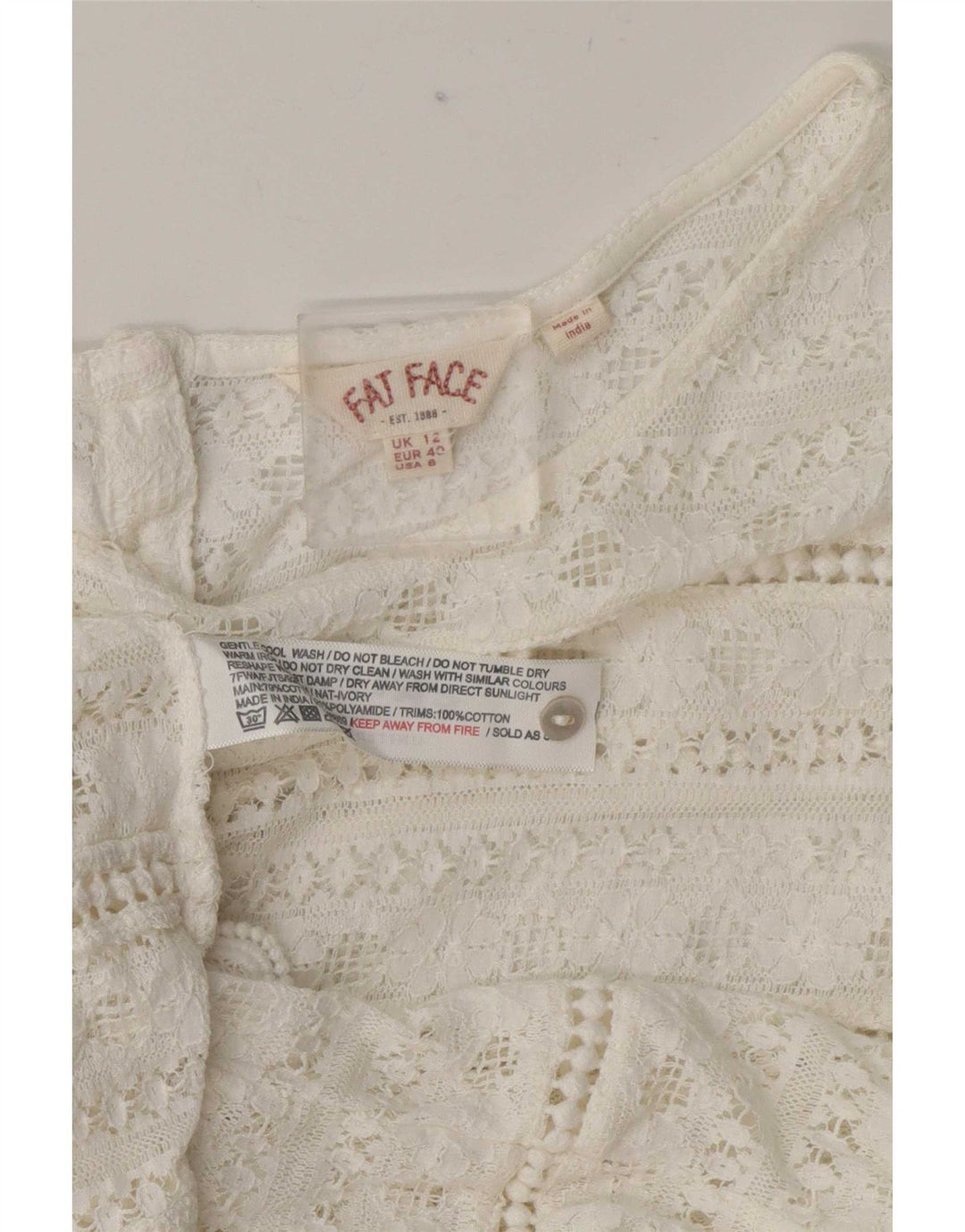 Fat Face Dame Gennemsigtig Skjorte Bluse UK 12 Medium Hvid Bomuld