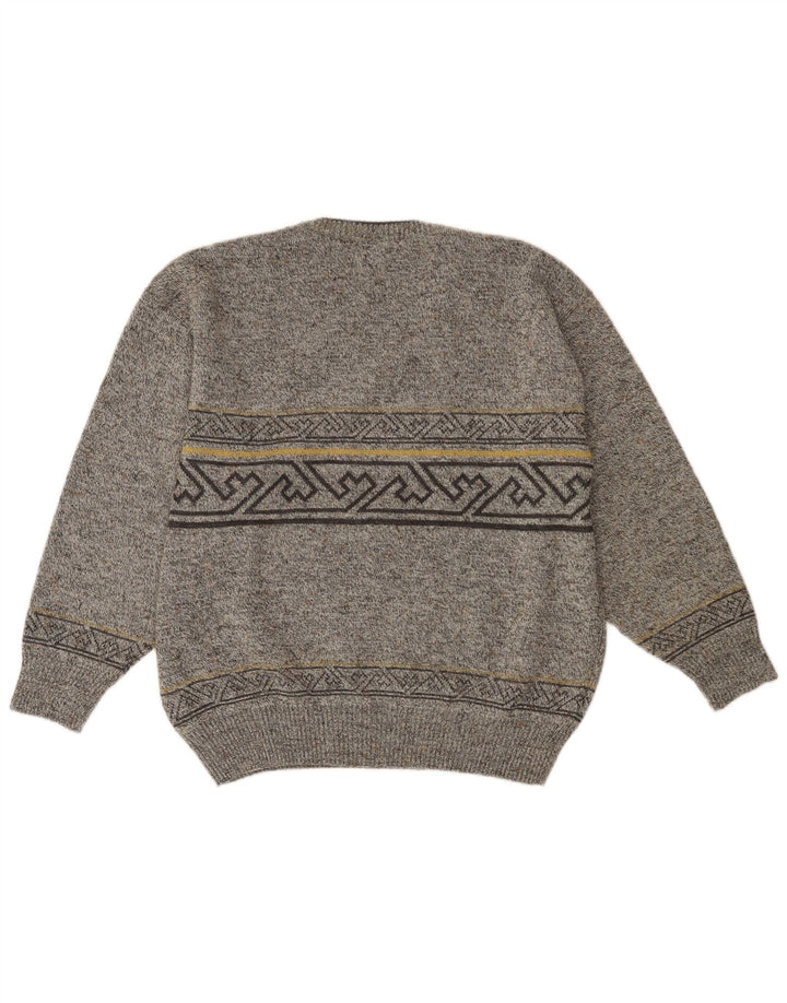 VINTAGE Herre V-hals sweater IT 52 Stor Grå Geometrisk Uld