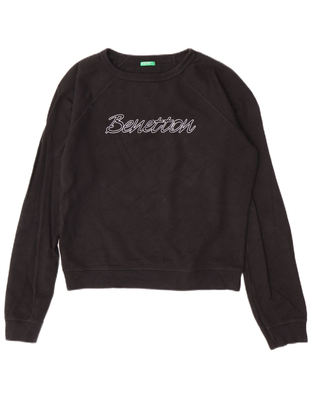 Benetton Womens Crop Graphic Sweatshirt Jumper UK 14 Medium Black