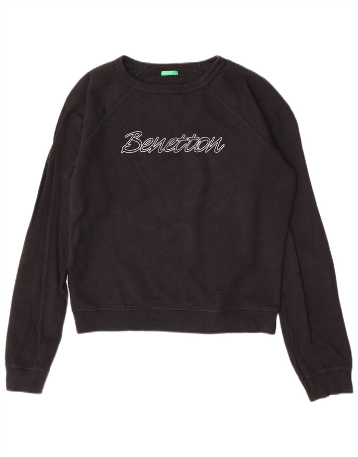 Benetton Womens Crop Graphic Sweatshirt Jumper UK 14 Medium Black