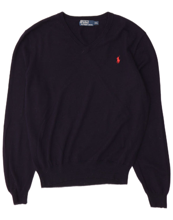 Polo Ralph Lauren Mens V-Neck Jumper Sweater 2XL Navy Blue Merino Wool