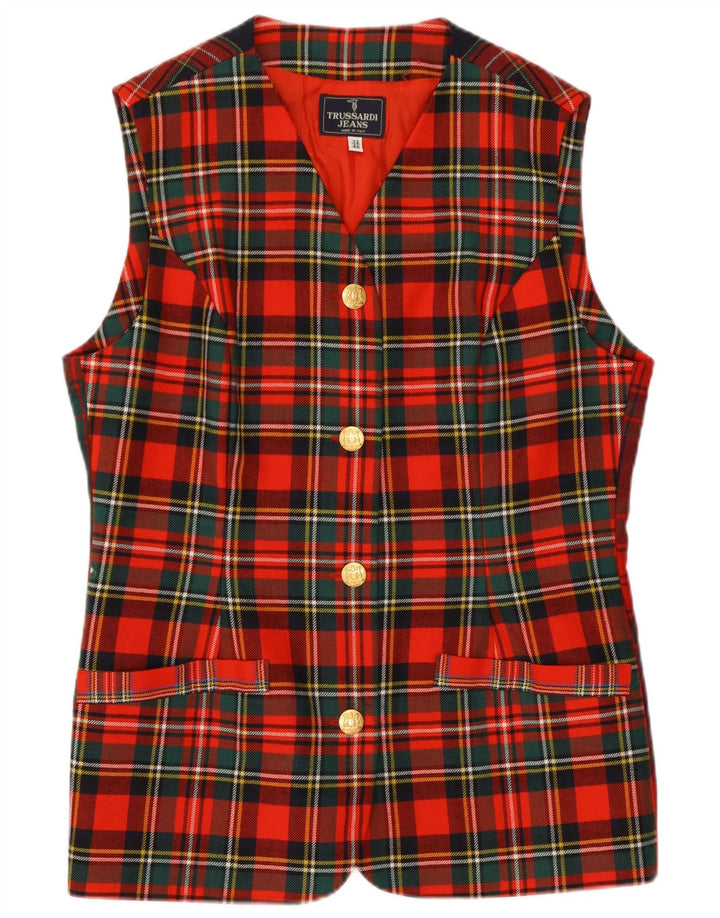 Trussardi Dame Longline vest IT 46 Stor Rød Plaid Virgin Wool