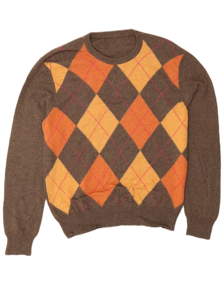 VINTAGE Herre Crew Neck Jumper Sweater IT 48 Small Brown Argyle/Diamond