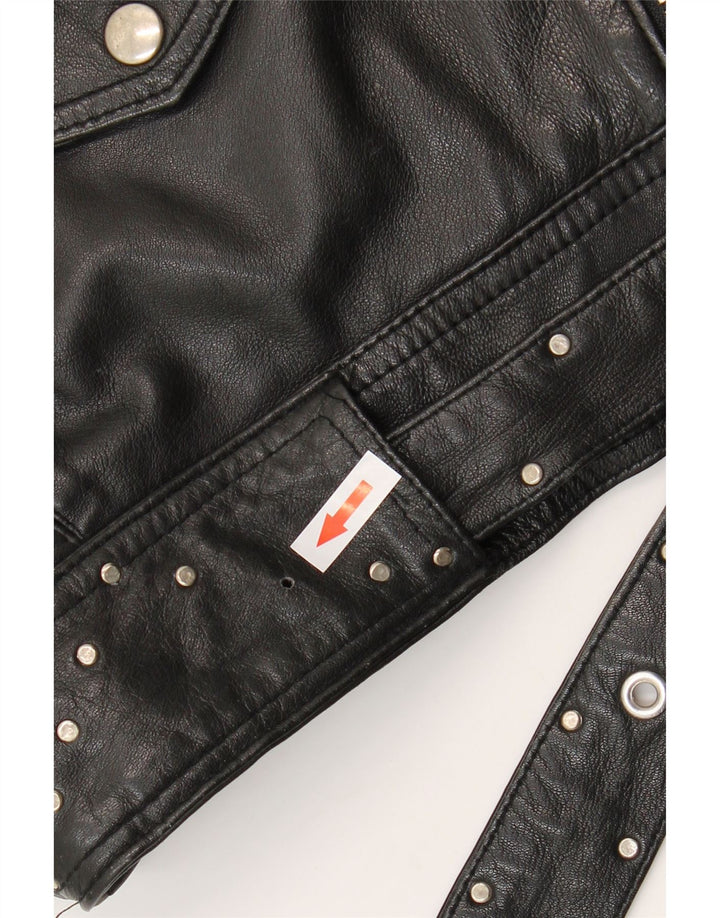 Vintage kvinders crop læder bikerjakke UK 12 medium sort læder