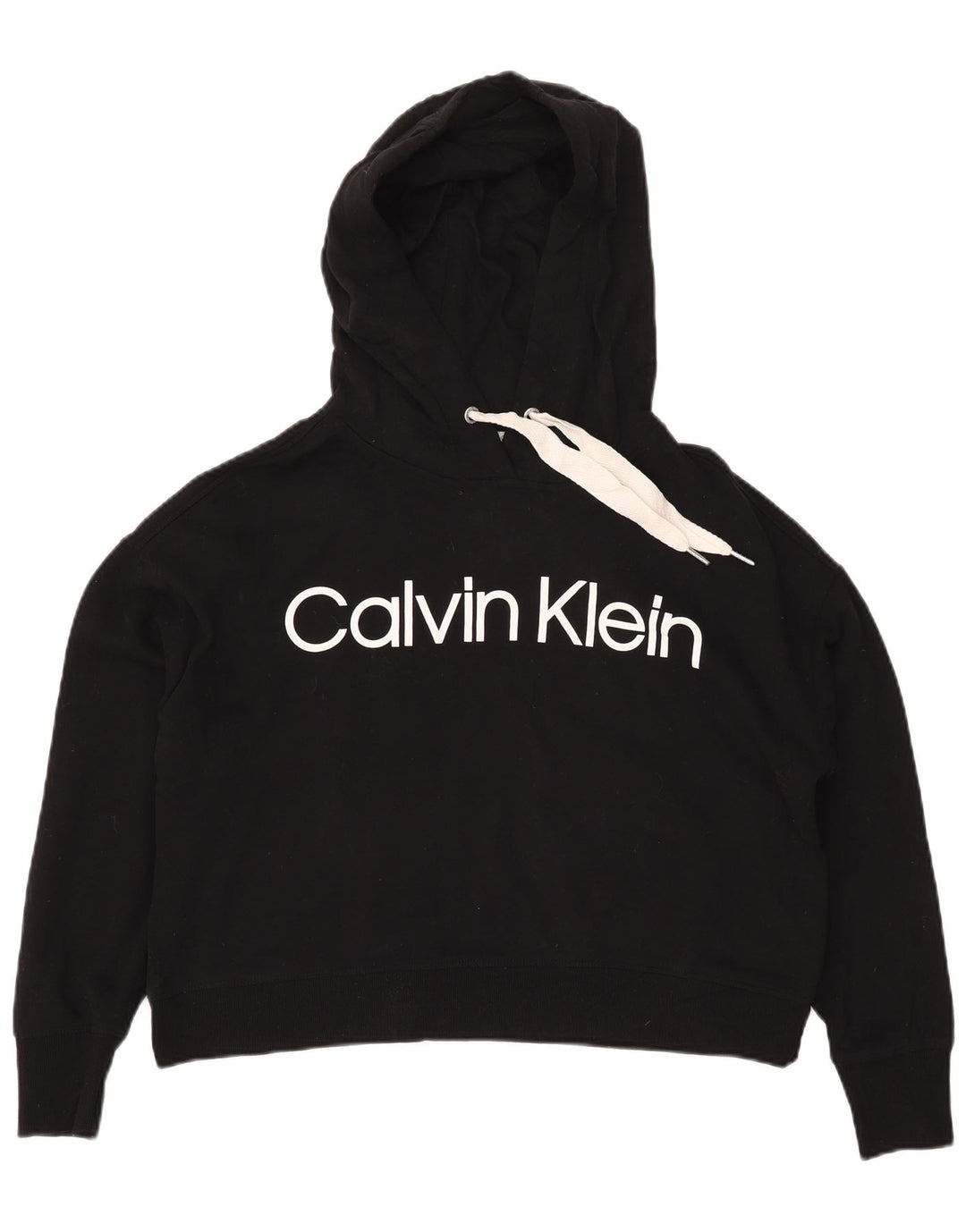 CALVIN KLEIN Dame Oversized Crop Hoodie Jumper UK 14 Medium Black