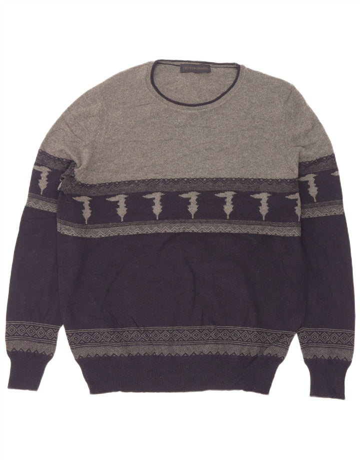 Trussardi Herre Boat Neck Jumper Sweater Medium Navy Blue Colourblock