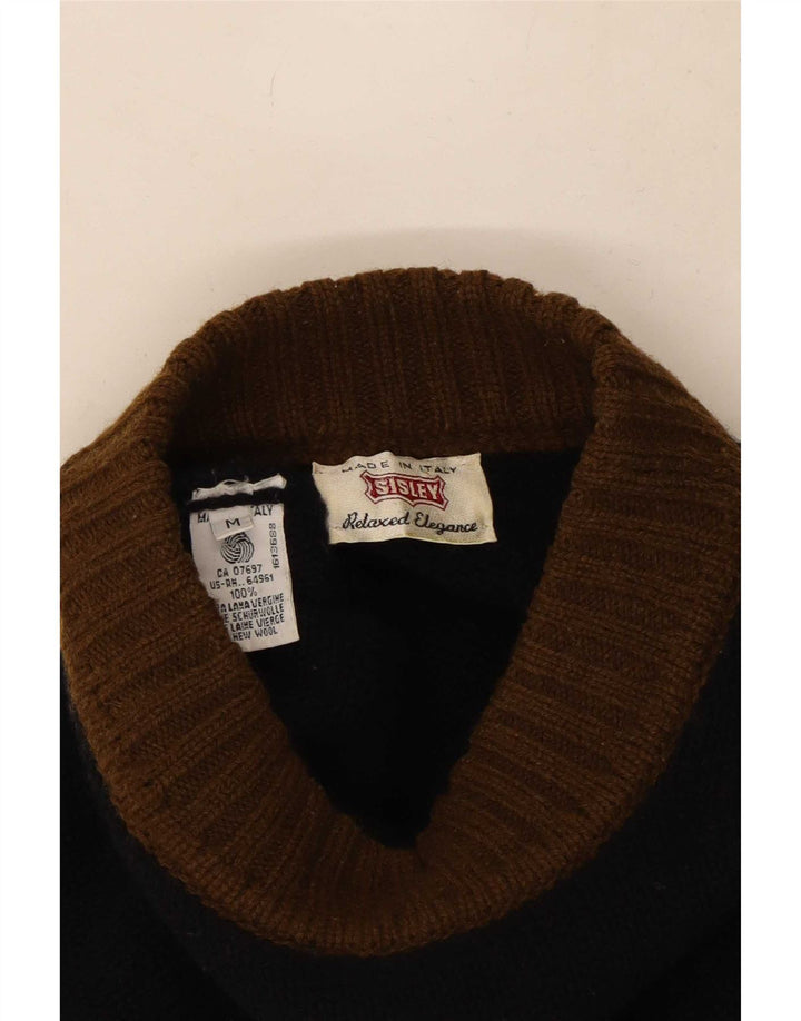 Sisley Herre Turtle Neck Jumper Sweater Medium Black Fair Isle Wool