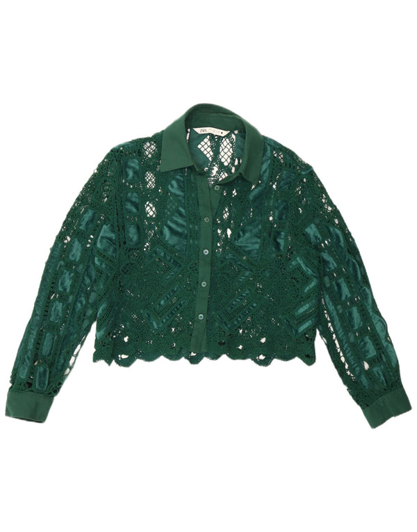 Zara Dame Crop Hæklet Skjorte Bluse UK 10 Lille Grøn