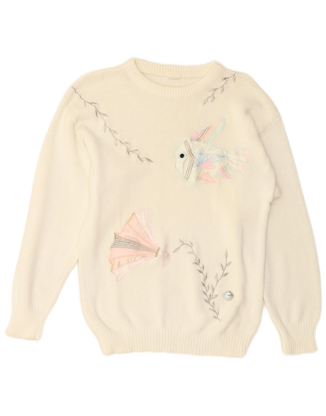 VINTAGE Dame sweater med rund hals DK 14 Medium Off White