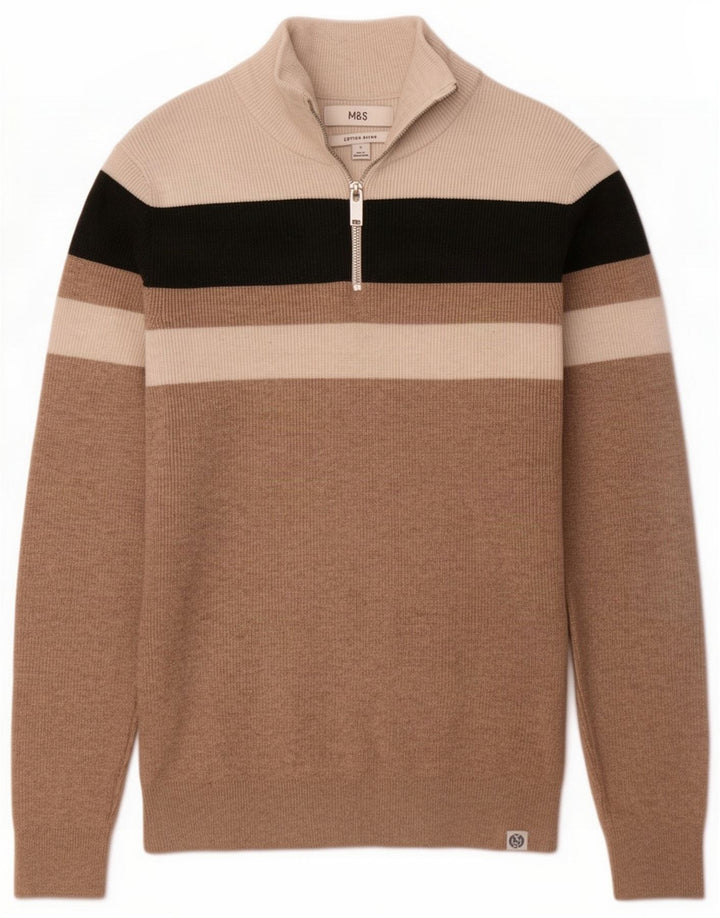 Marks & Spencer Herre sweater med lynlåshals, lille beige farveblok