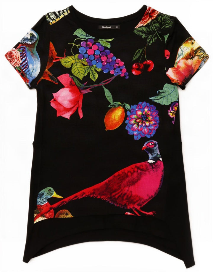 Desigual Womens Peacocks Grafisk Tunika Top UK 12 Medium Black Floral