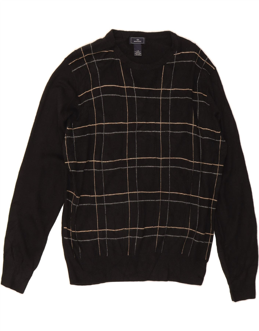 DOCKERS Mens Crew Neck Jumper Sweater Large Black Check Cotton Vintage Dockers and Second-Hand Dockers from Messina Hembry 