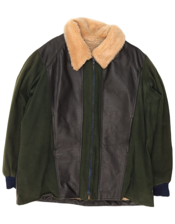 Vintage Herre Sherpa Læderjakke UK 42 XL Grøn Colourblock