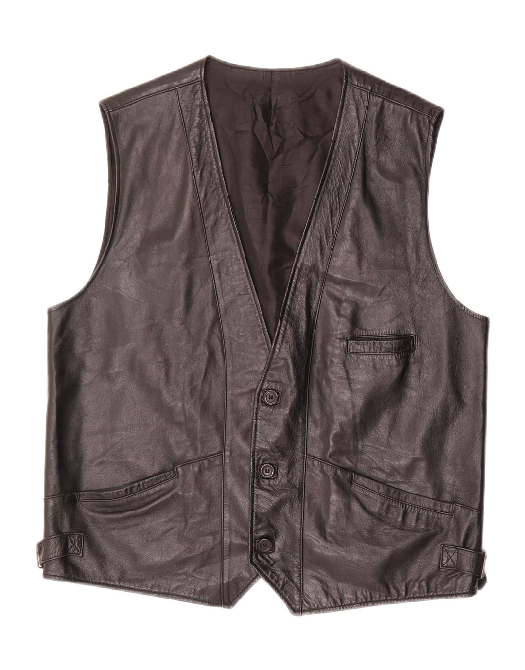 VINTAGE Herre Læder Gilet UK 40 Stort sort læder