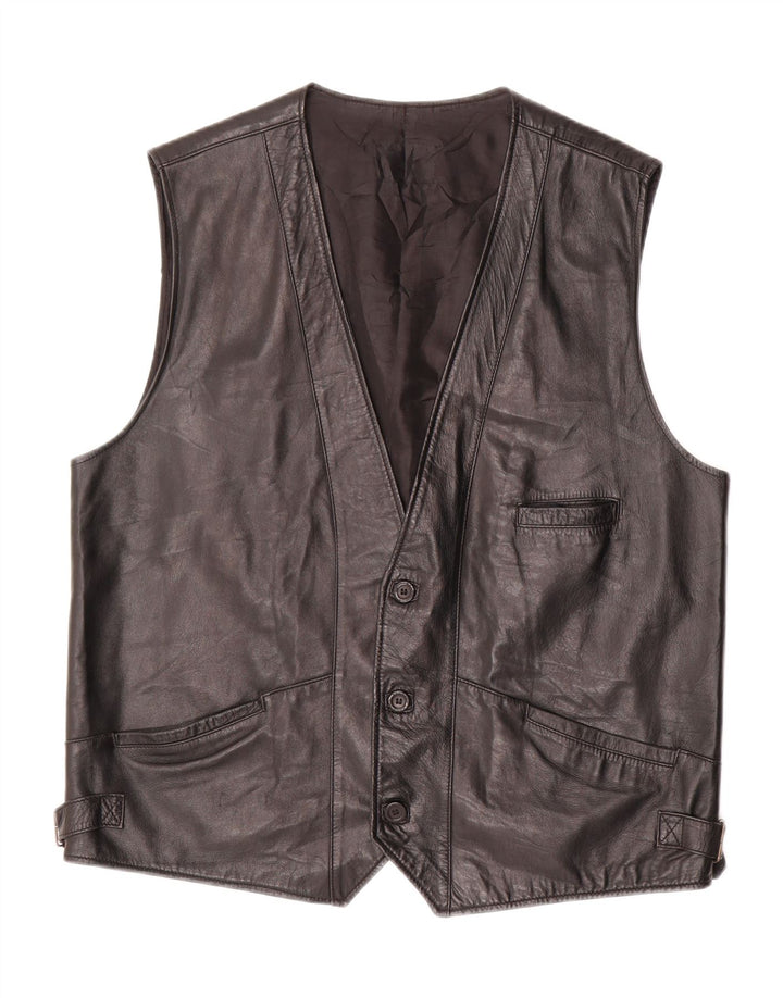 VINTAGE Herre Læder Gilet UK 40 Stort sort læder