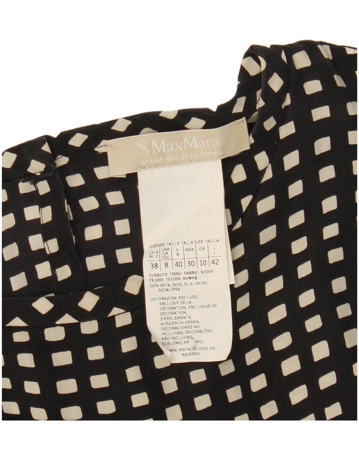 Max Mara Dame 3/4 ærmet bluse Top UK 10 Lille sort geometrisk silke