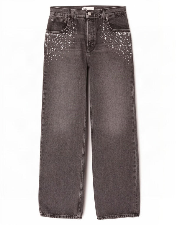 Zara Dame Jeans med høj talje og brede ben EU 40 Medium W30 L33 Grå Bomuld