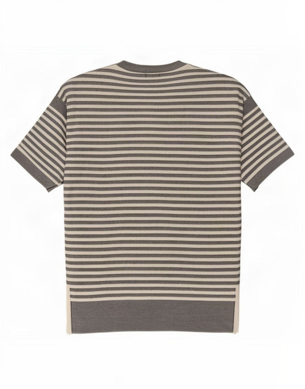 Zara Mens Short Sleeve Boat Neck Jumper Sweater XL Grey Striped Cotton