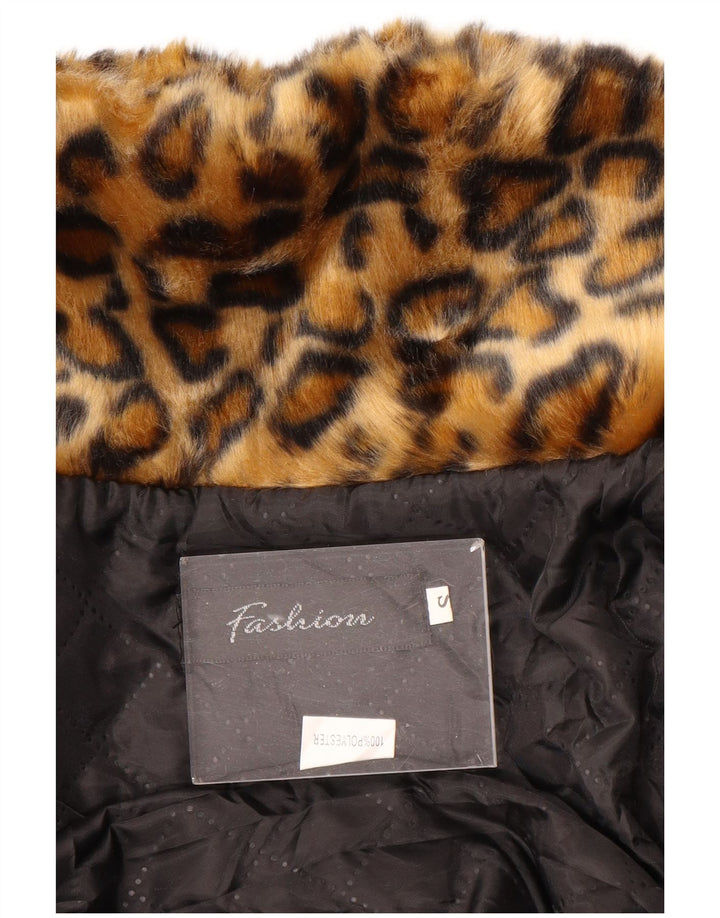 VINTAGE Dame imiteret Pelsjakke UK 10 Small Brown Animal Print Polyester