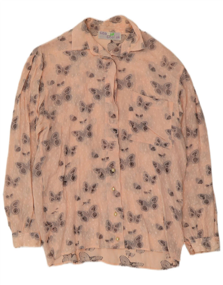 VINTAGE Grafisk skjortebluse til kvinder UK 16 Stor Pink Silke Butterfly