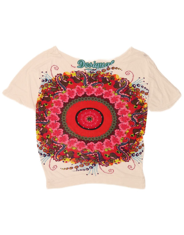 Desigual Dame Grafisk T-Shirt Top UK 14 Medium White Floral Modern