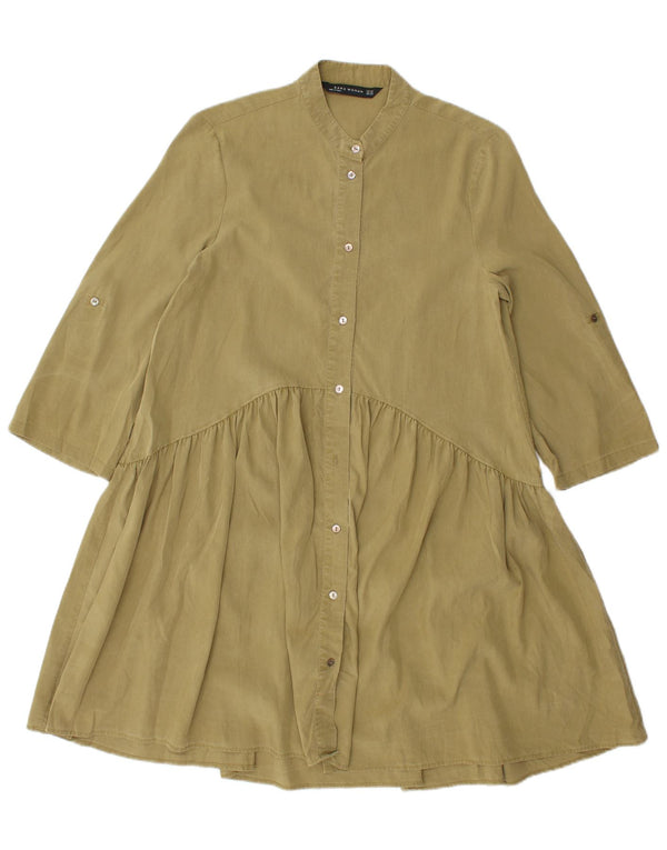 Zara skjortekjole til kvinder med 3/4 ærmer UK 6 XS Khaki Lyocell