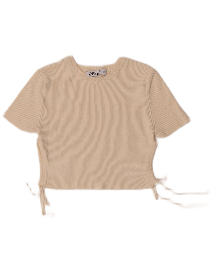 Zara Womens Crop T-Shirt Top UK 12 Medium Beige