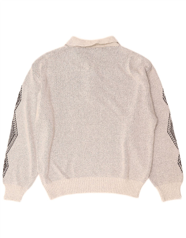 Vintage Herre Polo Neck Jumper Sweater Medium Grå Geometrisk