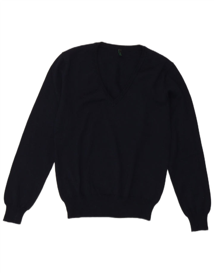 Benetton Dame V-hals sweater UK 10 Lille marineblå uld
