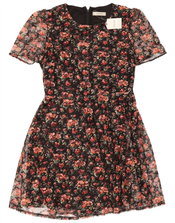 Oasis Dame A-Line Kjole UK 12 Medium Black Floral Polyester