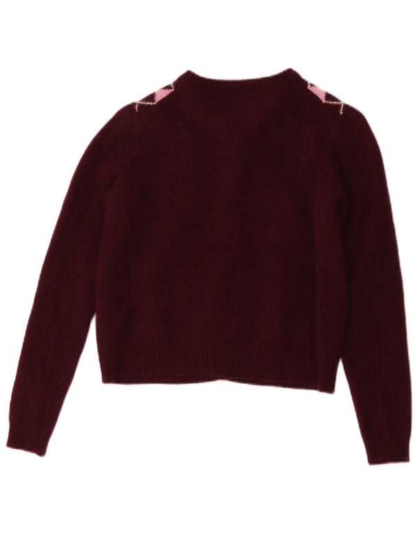 Zara Womens Crop Cardigan Sweater UK 12 Medium Burgundy Argyle/Diamond Wool