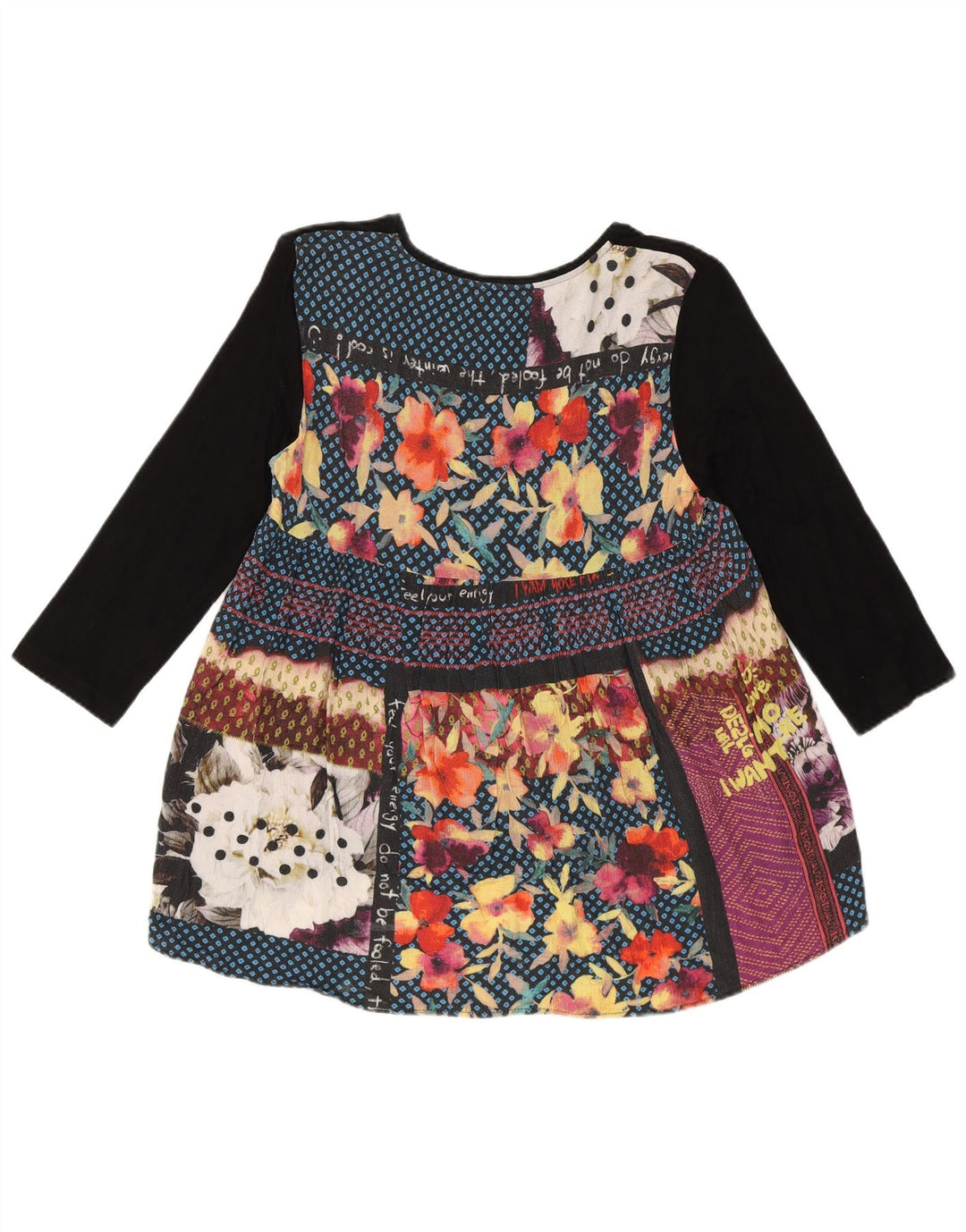 Desigual kvinders abstrakt mønster top 3/4 ærme UK 10 Lille sort viskose