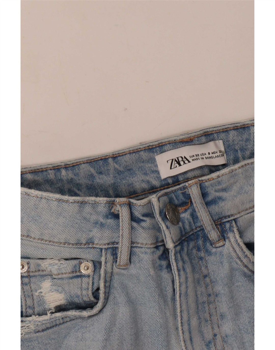 Zara Dame Distressed Denim Shorts EU 32 2XS W22 Blå