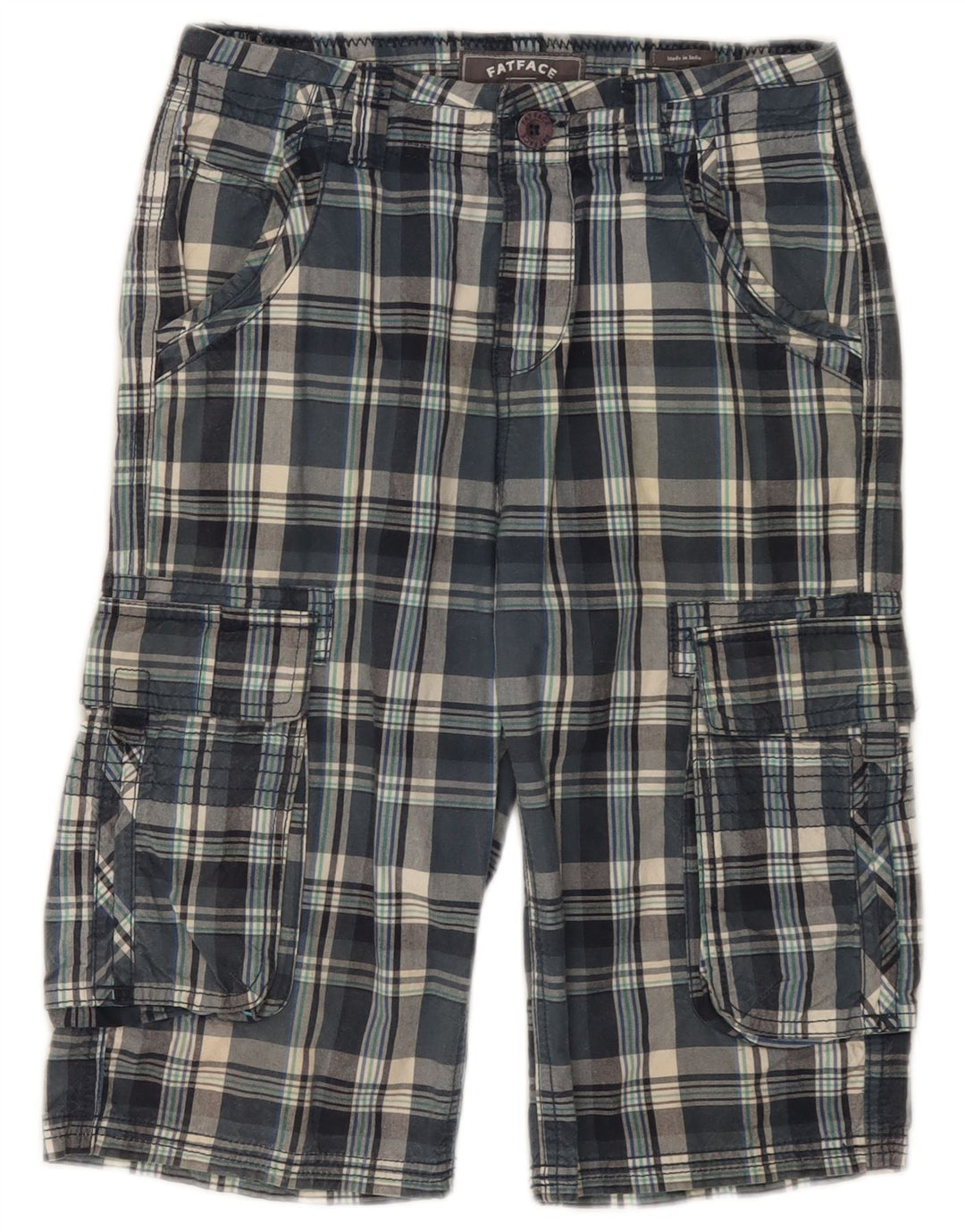 FAT FACE Drenge Cargo Bermuda Shorts 12-13 år W26 blå ternet bomuld