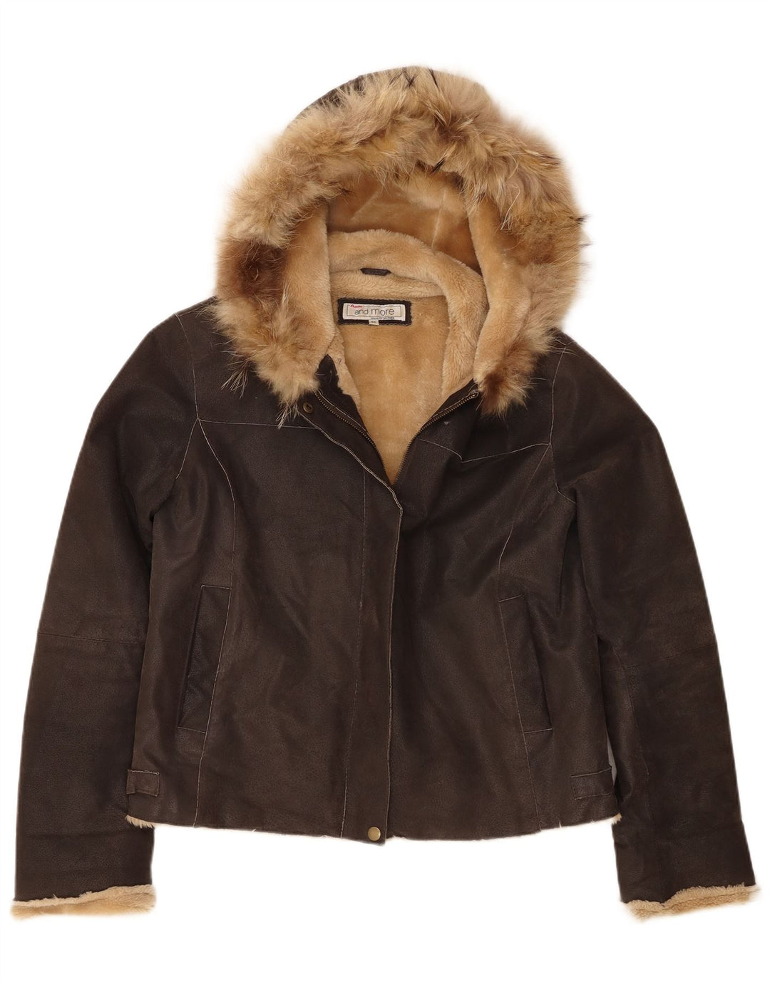 Bata and More Shearling-jakke med hætte til kvinder IT 46 Stor brunt læder
