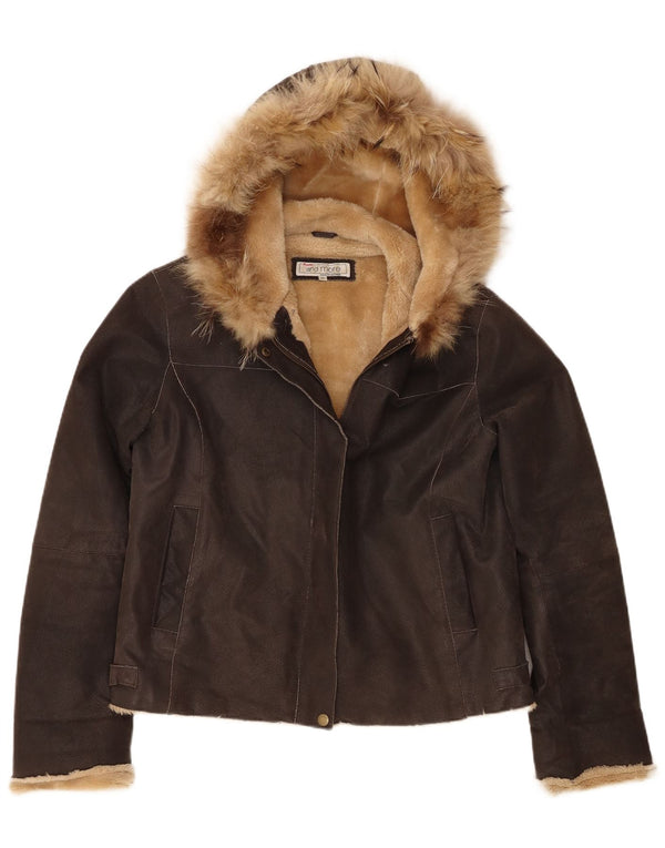 Bata and More Womens Hooded Shearling Jacket IT 46 Large Brown Leather