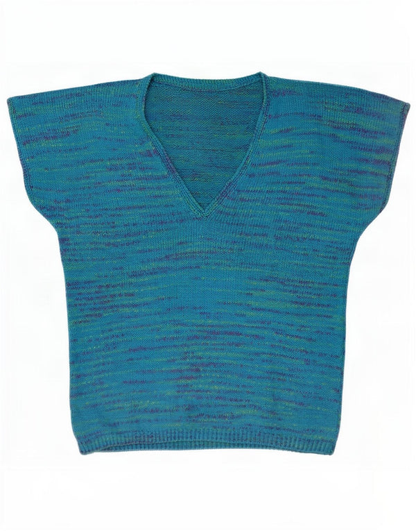 Vintage Dame Kortærmet V-hals Jumper Sweater UK 18 XL Blå Flecked