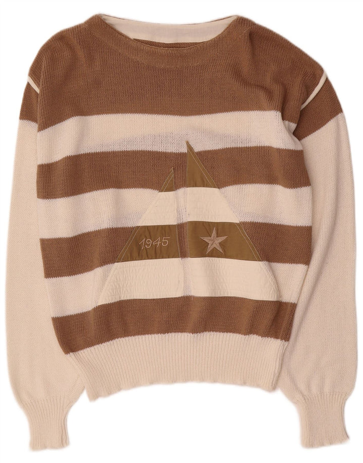 Vintage Herre Boat Neck Jumper Sweater Medium Brun Stribet