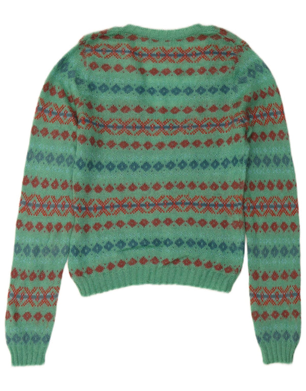 SISLEY Dame Crop V-hals sweater UK 14 Medium Turkis Fair Isle