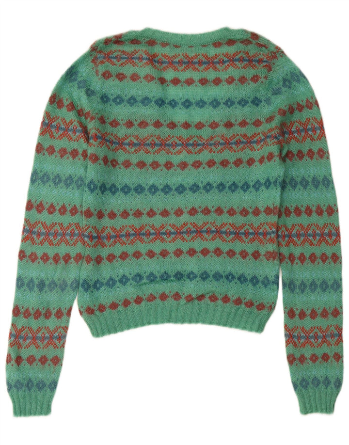 SISLEY Dame Crop V-hals sweater UK 14 Medium Turkis Fair Isle