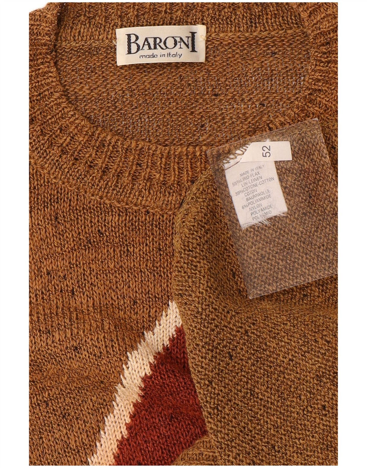 Baroni Herre Crew Neck Jumper Sweater IT 42 Large Brown Argyle/Diamond Linen