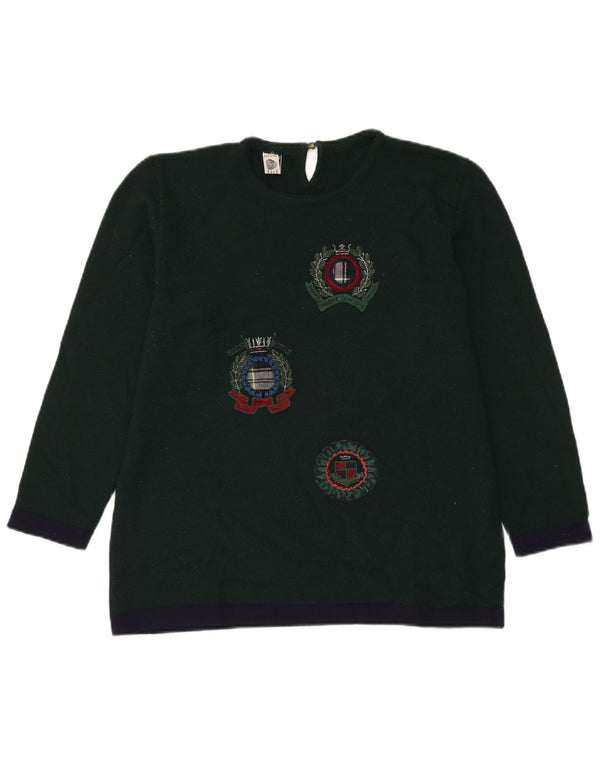 Vintage Womens Graphic Crew Neck Jumper Sweater IT 48 XL Green New Wool