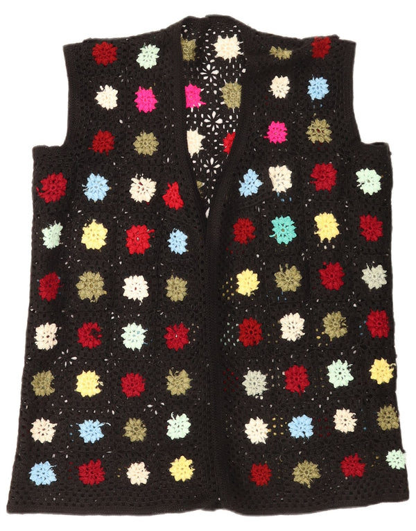Vintage ærmeløs hæklet cardigan sweater til kvinder UK 16 Large Black Floral