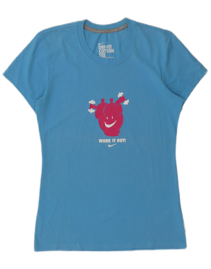 Nike Dame Dri Fit Grafisk T-Shirt Top UK 12/14 Medium Blue Bomuld